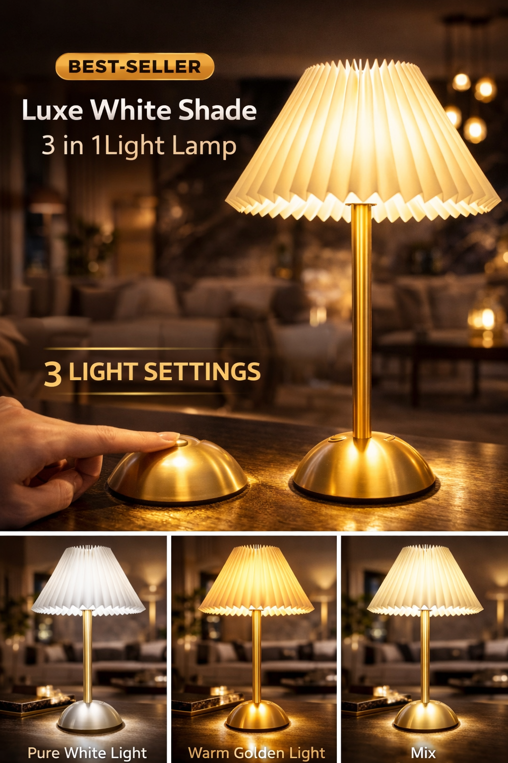 Luxe White Shade 3-in-1 Light Lamp